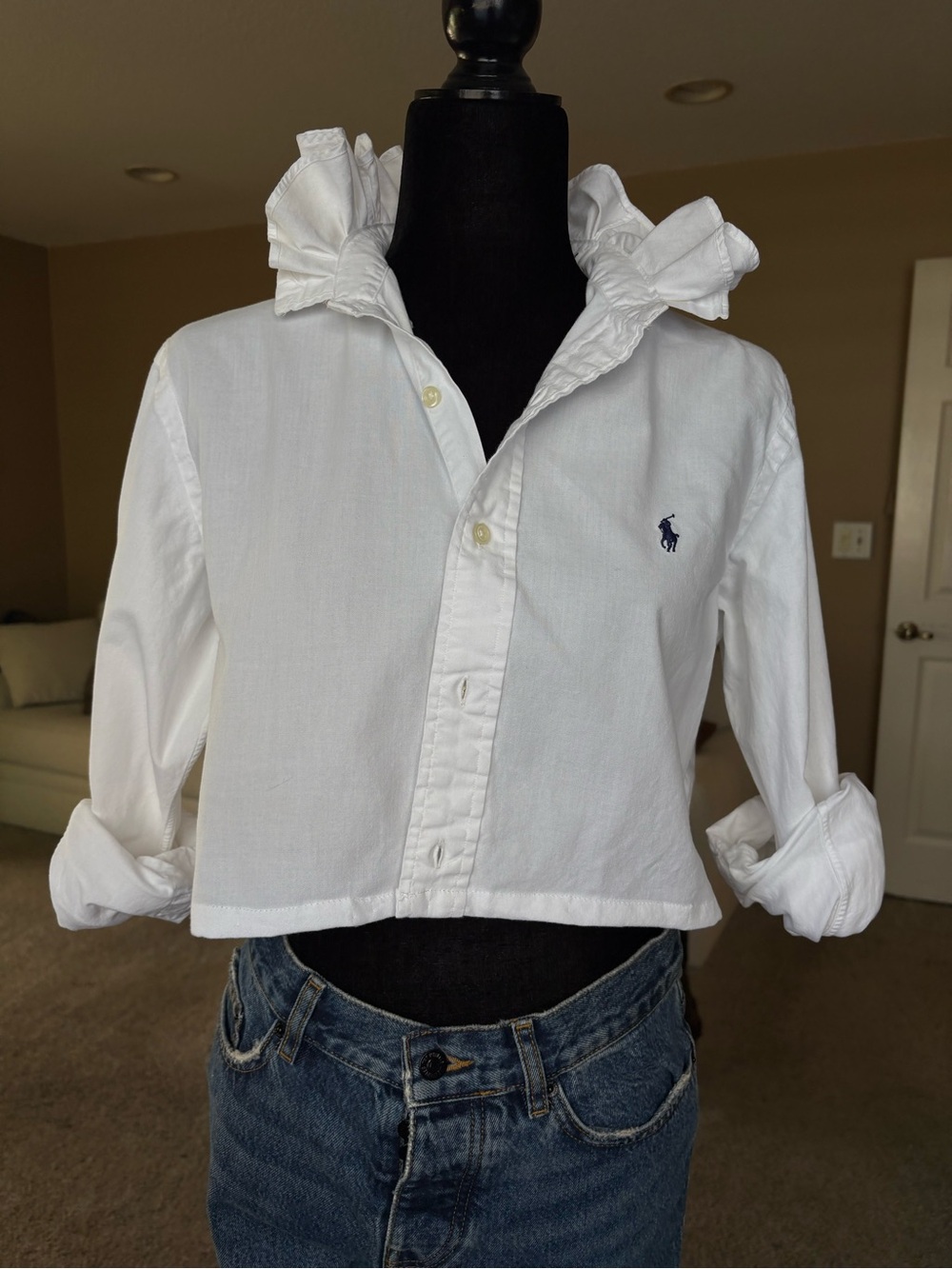 Reworked Cropped Ralph Lauren Ruffle Collar Button Down Size S